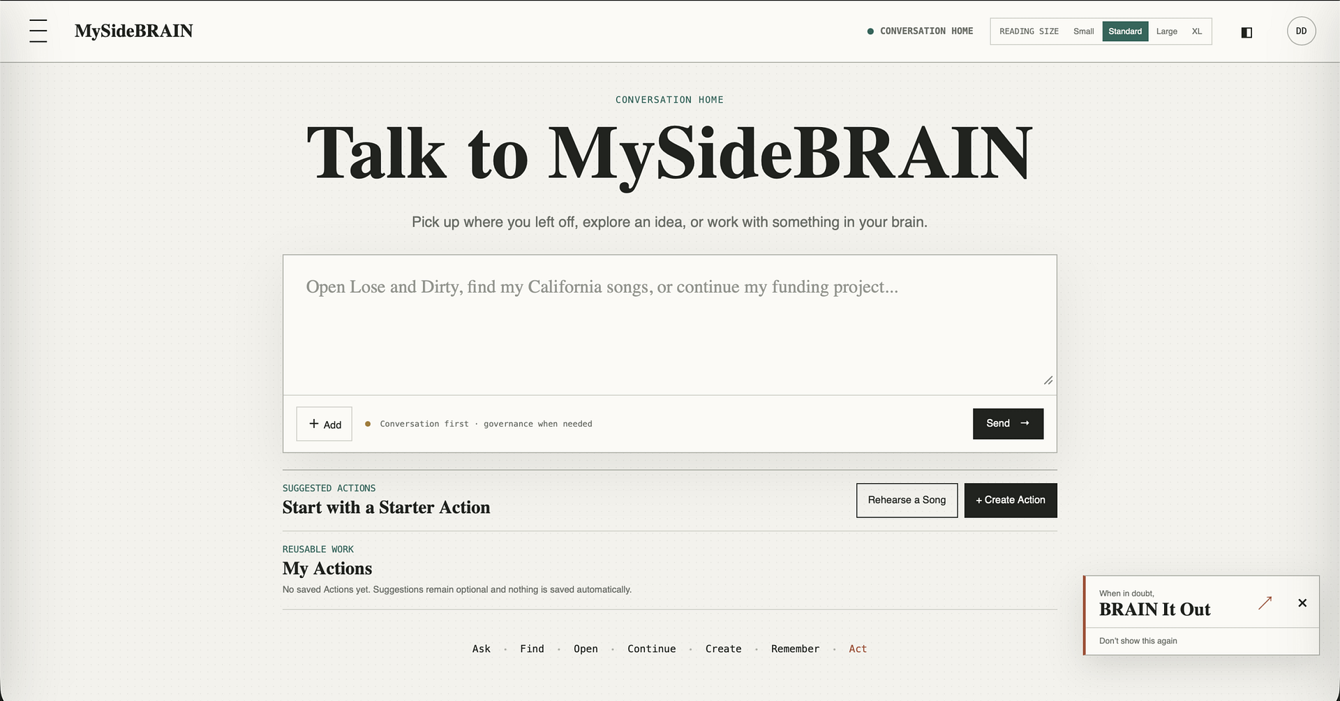 MySideBRAIN conversation screen showing a natural-language request.